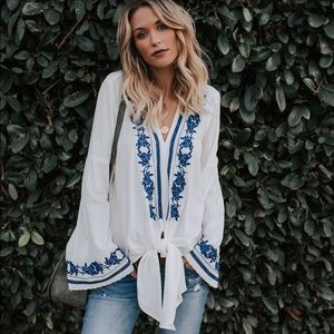 Vici Blue & White Front Tie Coastal Blouse